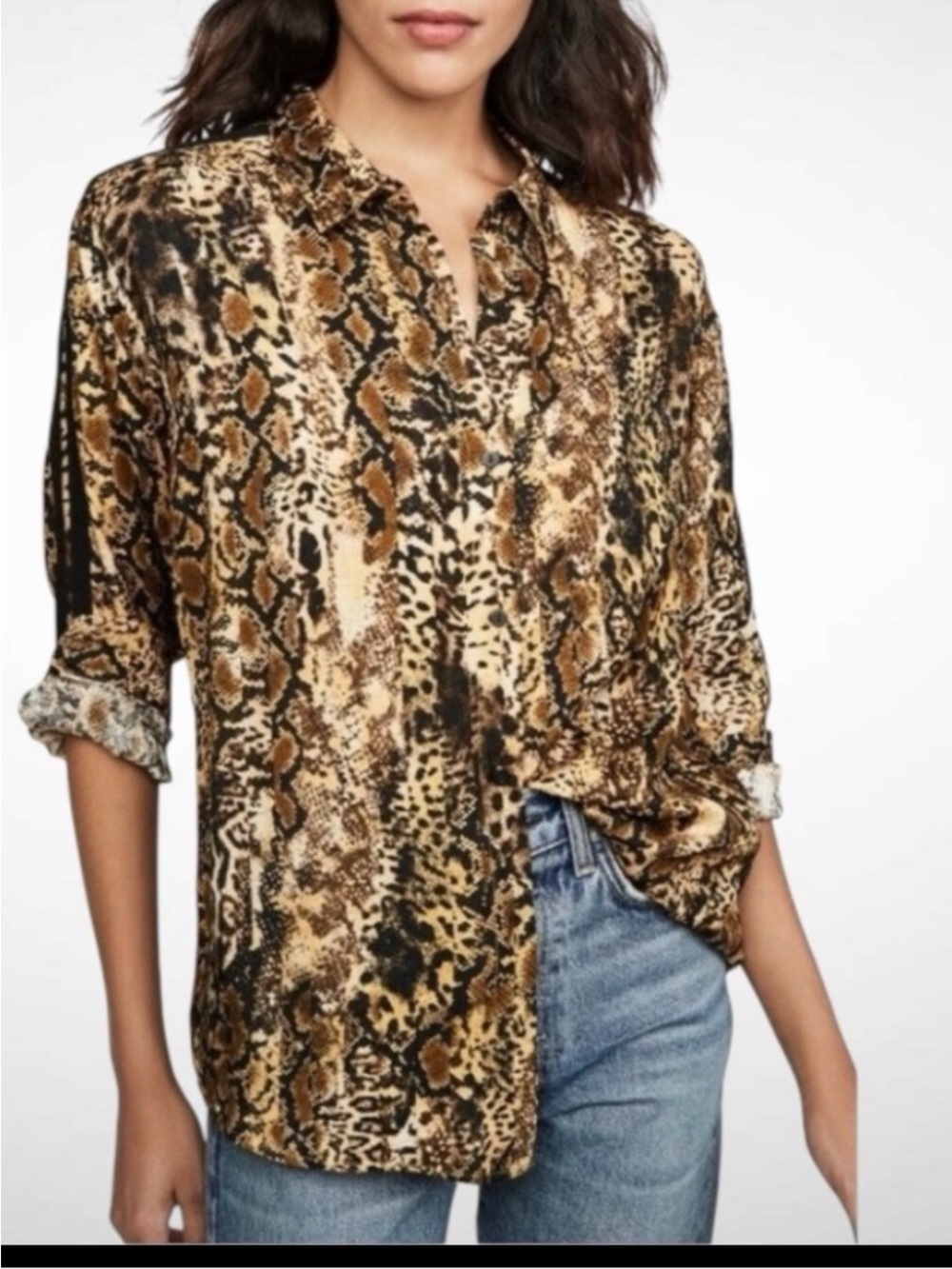 ba&sh Brown and Black Animal-Print Button-Down Blouse